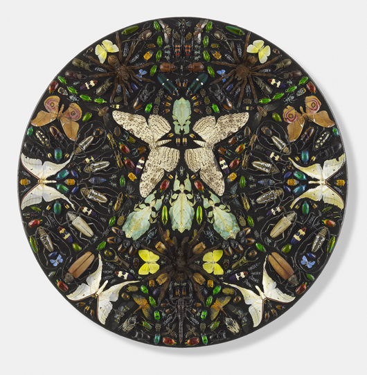 Damien Hirst, ‘Styx,’ entomological specimens and Hammerite paint on canvas, priced at £200,000 ($332,750) with Tomasso Brothers at the TEFAF Fair. Image courtesy Tomasso Brothers.
